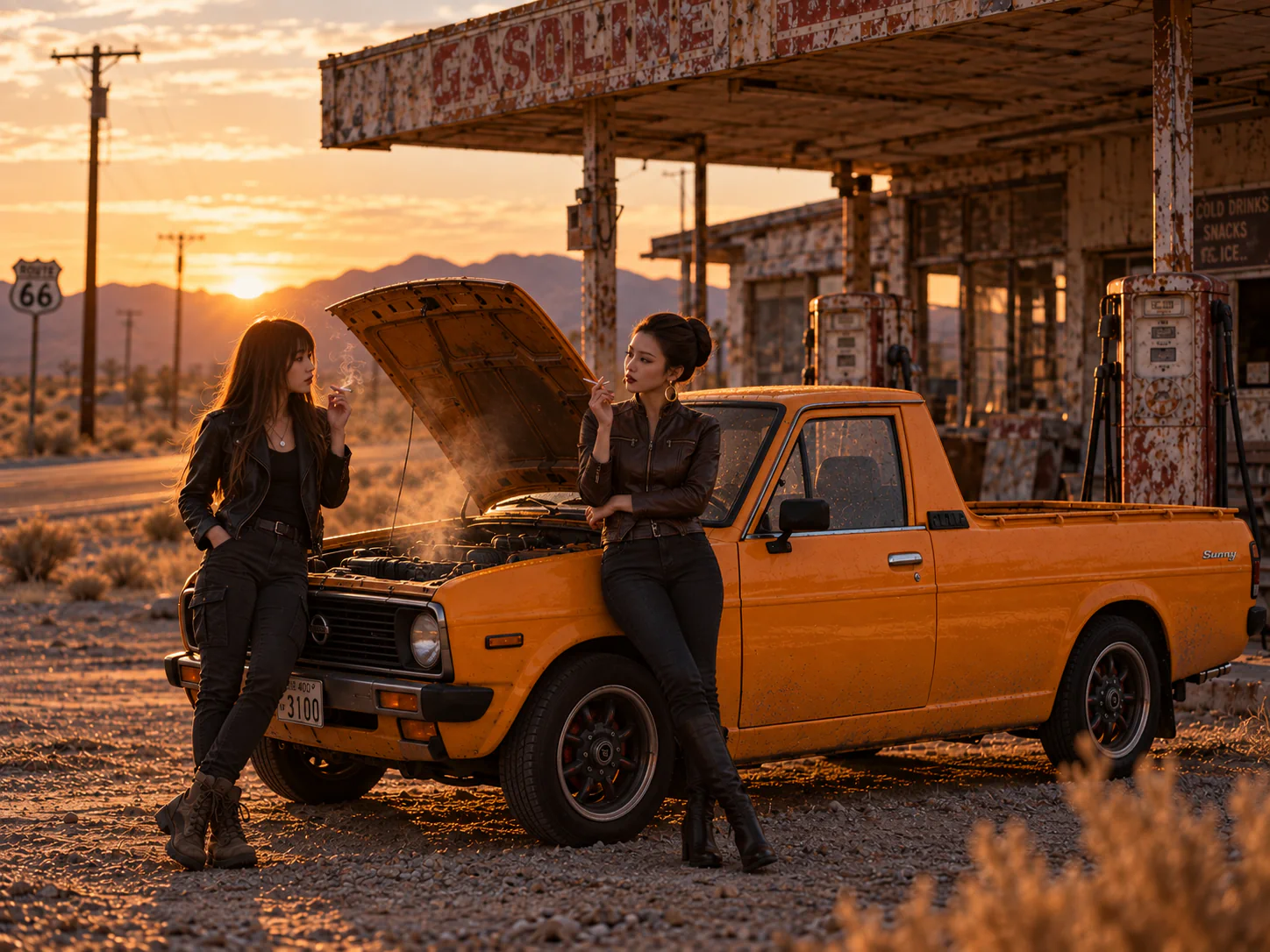 Sayaka and Astra smoke cigarettes and talk beside an orange Sunny pickup with its hood open and faint smoke rising from the engine, outside an abandoned desert gas station at sunset.